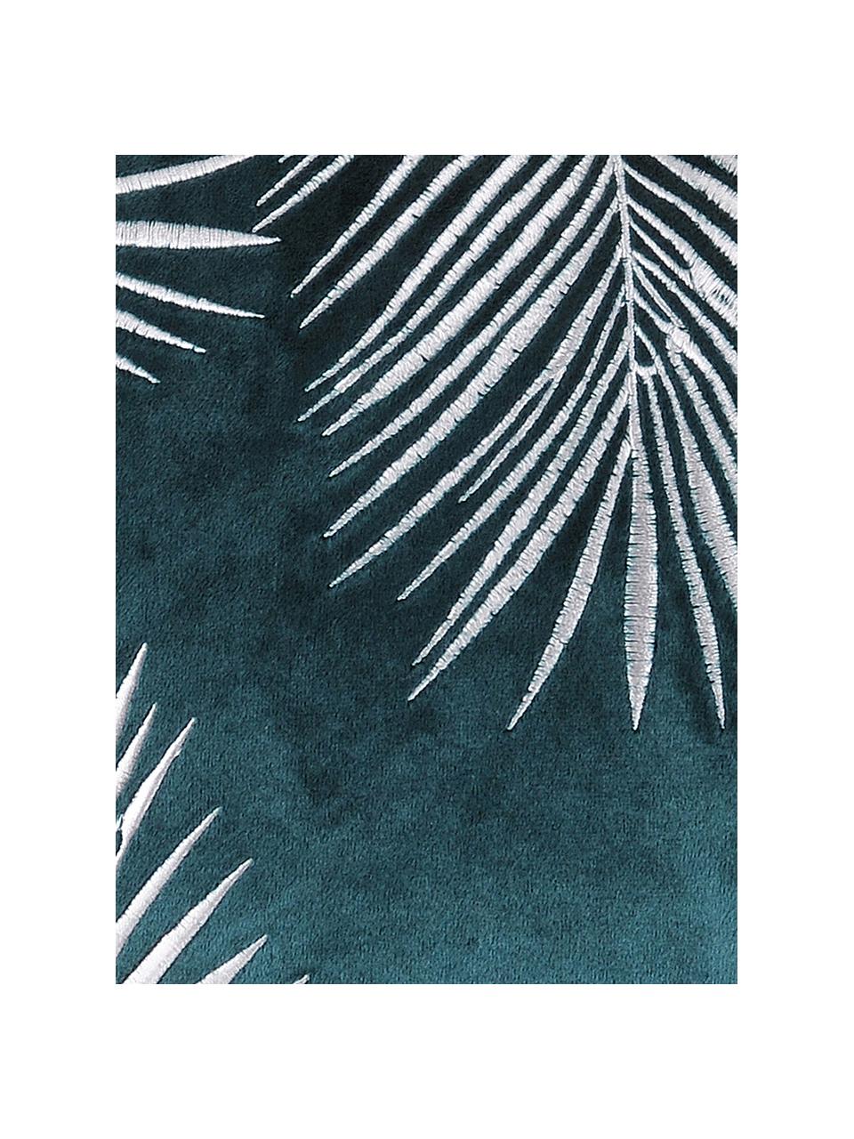 Glinsterende fluwelen kussenhoes Ibarra met palmblad borduurwerk, 100% polyester, Petrolblauw, wit, 45 x 45 cm