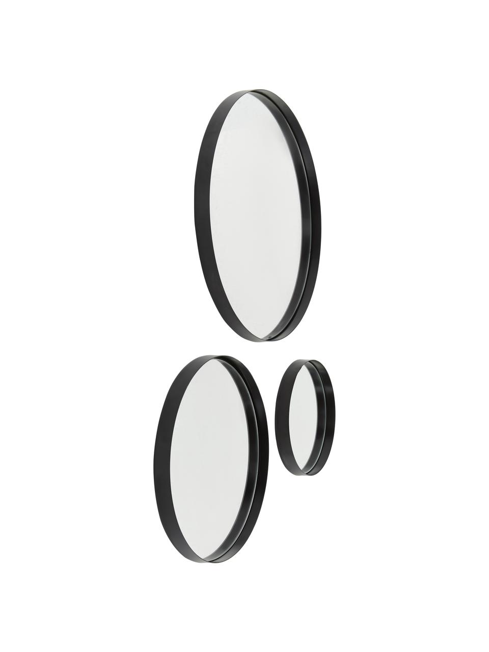 Súprava okrúhlych nástenných zrkadiel s kovovým rámom Ivy, 3 diely, Čierna, Súprava s rôznymi veľkosťami