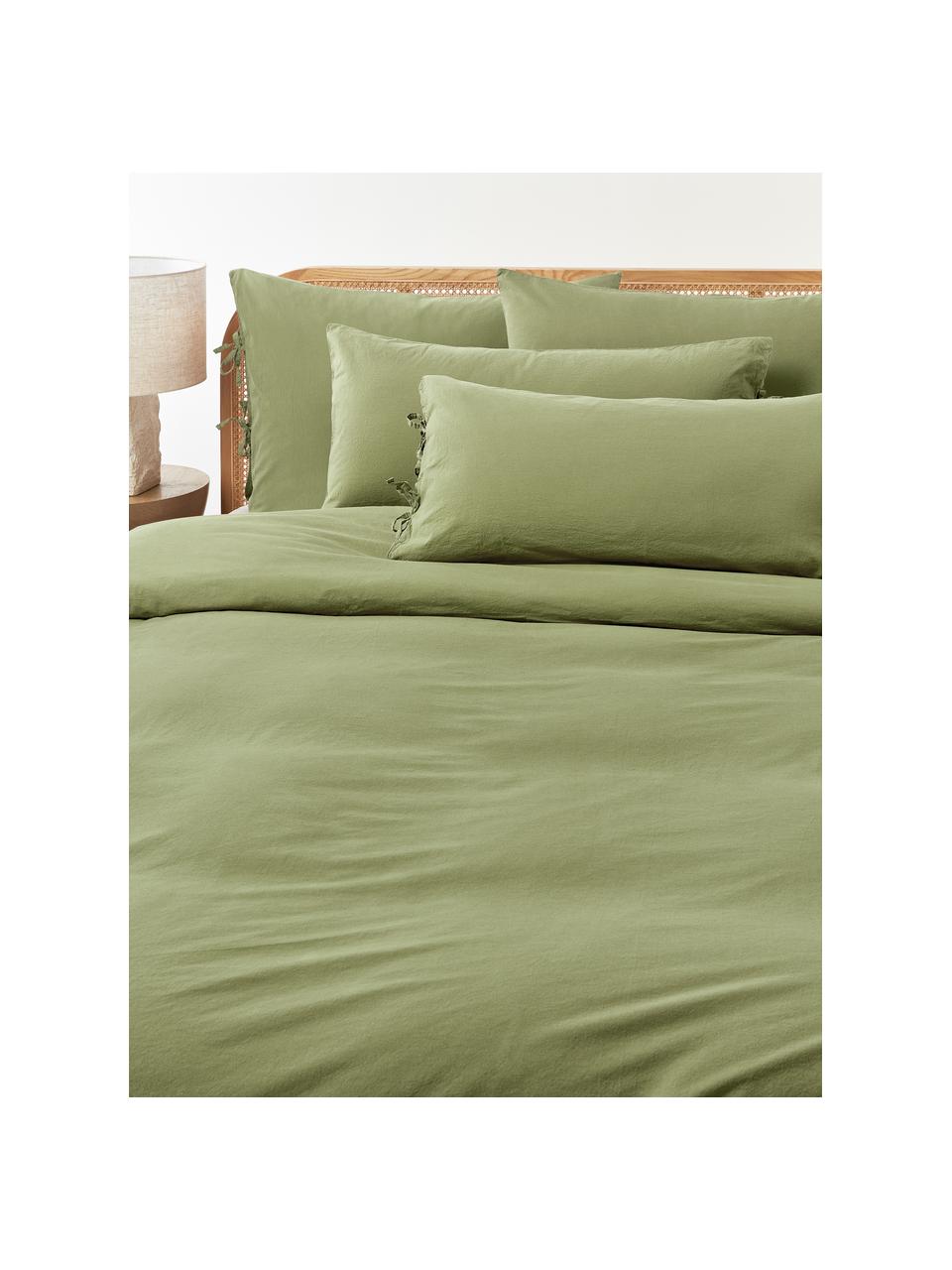 Housse de couette en percale de coton délavé Leonie, Vert olive, larg. 200 x long. 200 cm