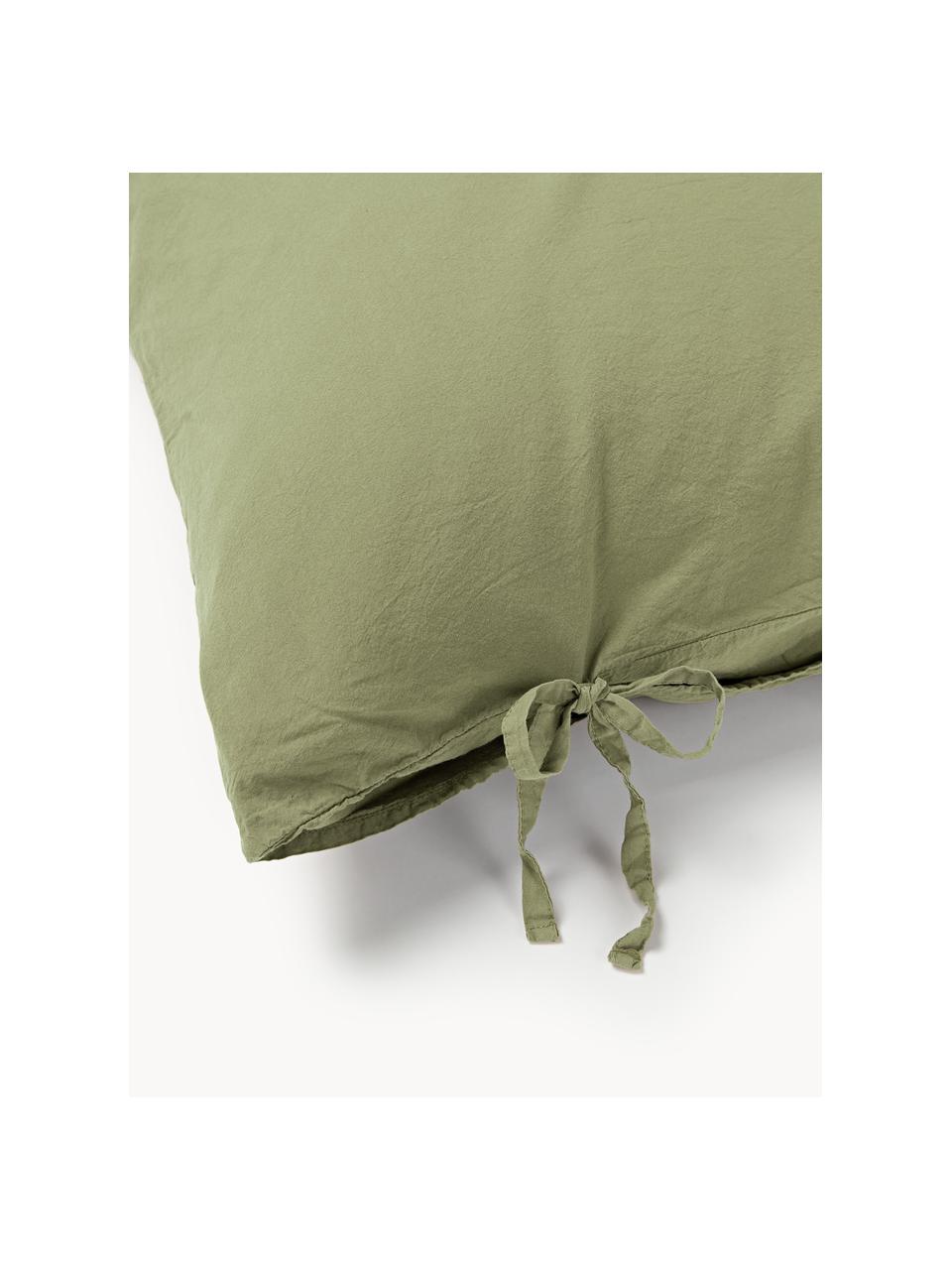 Housse de couette en percale de coton délavé Leonie, Vert olive, larg. 200 x long. 200 cm