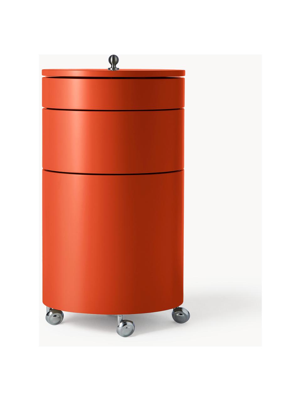 Runder Rollcontainer Barboy, Design Verner Panton, Korpus: Holz, lackiert, Griff: Metall, verchromt, Rollen: Kunststoff, Orange, matt, Ø 38 x H 73 cm