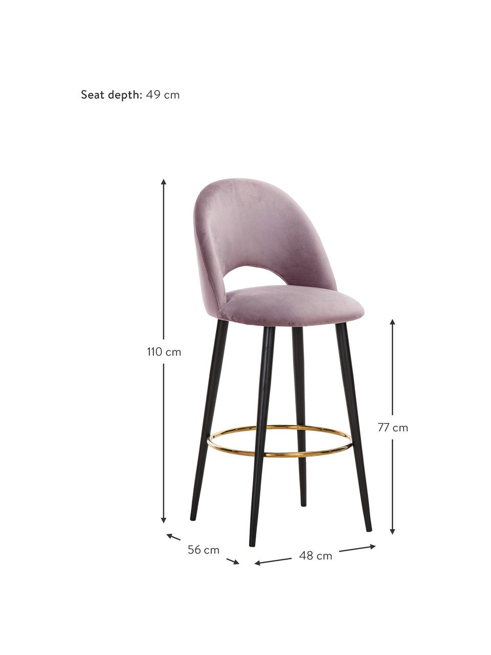 Sedia da bar in velluto color malva Rachel, Rivestimento: velluto (poliestere) Il r, Gambe: metallo verniciato a polv, Velluto malva, Larg, 48 x Alt. 110 cm