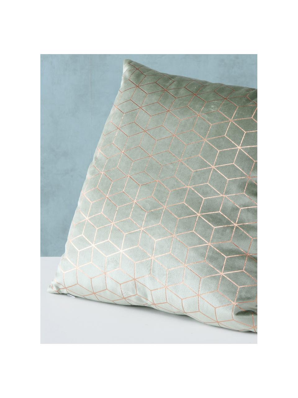 Fluwelen kussen Elise met gouden opdruk, Polyester, Saliegroen, goudkleurig, 45 x 45 cm