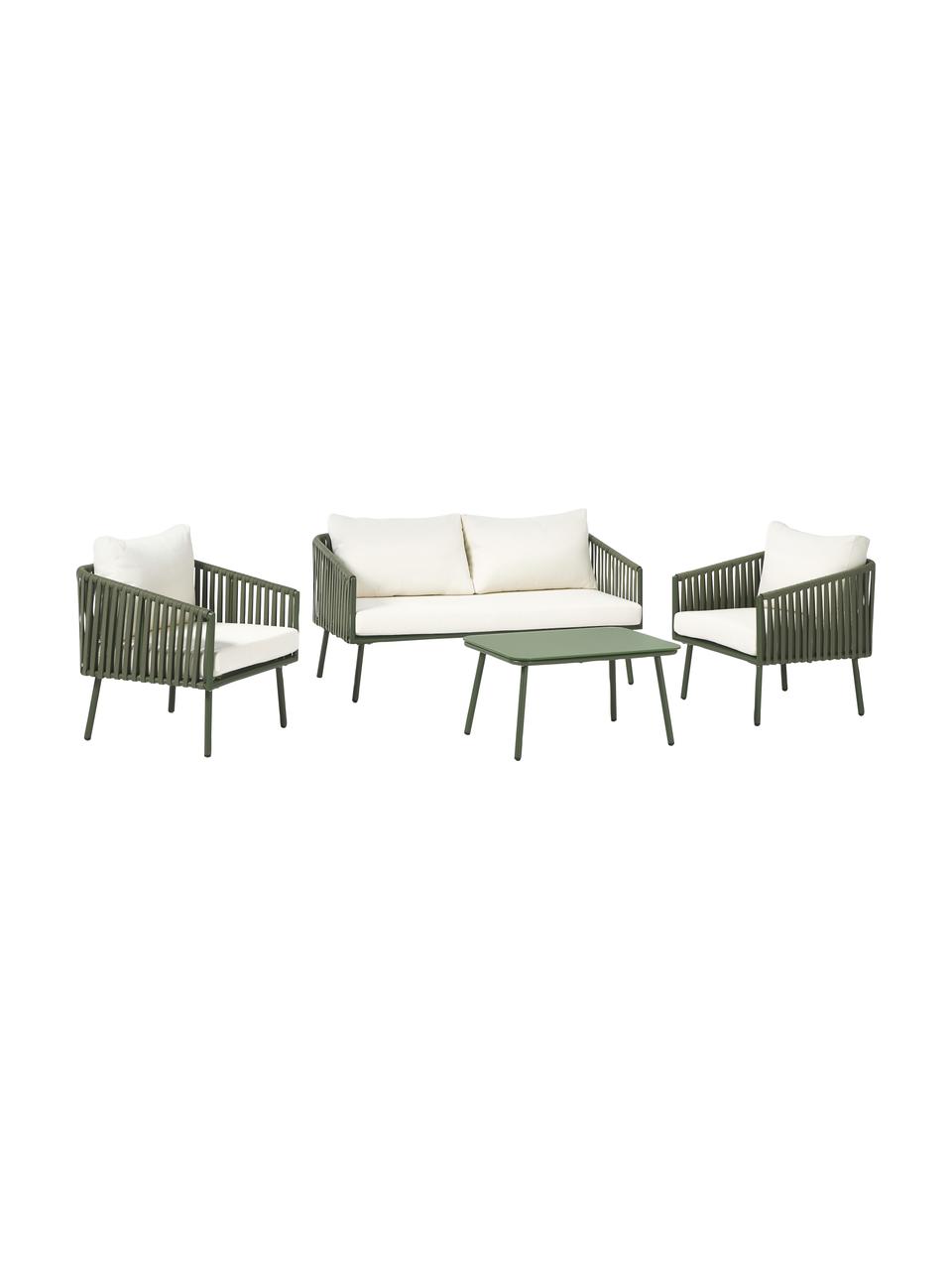 Tuin loungeset Malo, 4-delig, Bekleding: 100% polyester Met 20.000, Frame: gepoedercoat aluminium, Tafelblad: glas, Frame: gepoedercoat aluminium, Off White, olijfgroen, Set met verschillende formaten