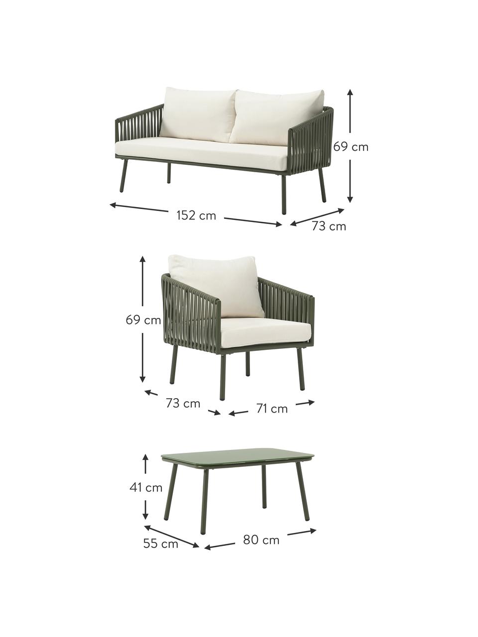 Salotto da giardino Malo 4 pezzi, Rivestimento: 100% poliestere Con 20.00, Struttura: alluminio verniciato a po, Piano d'appoggio: vetro, Struttura: alluminio verniciato a po, Bianco sporco, verde oliva, Set in varie misure