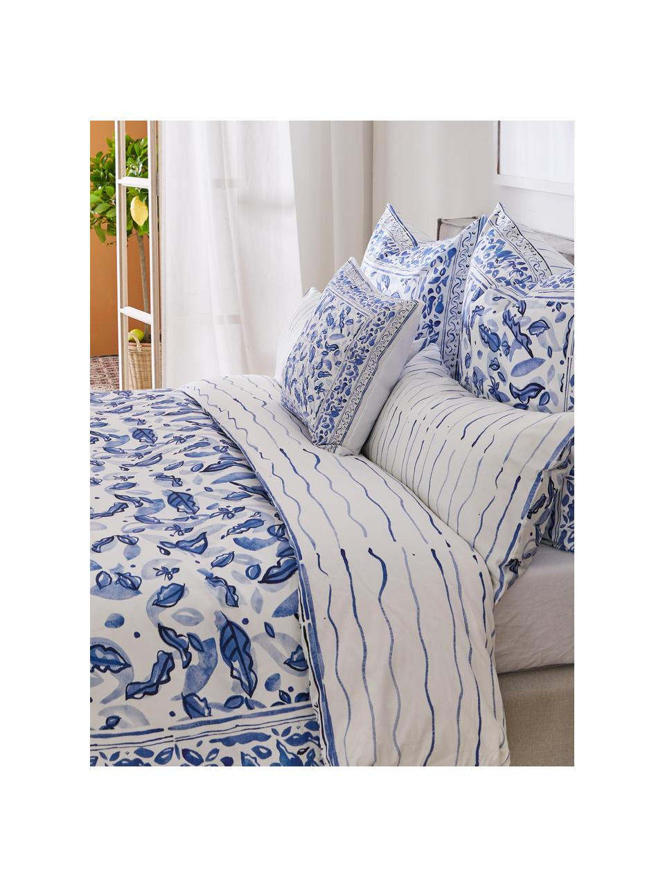 Taie d'oreiller satin de coton bleu blanc, réversible Andrea, 2 pièces, Bleu, larg. 40 x long. 80 cm
