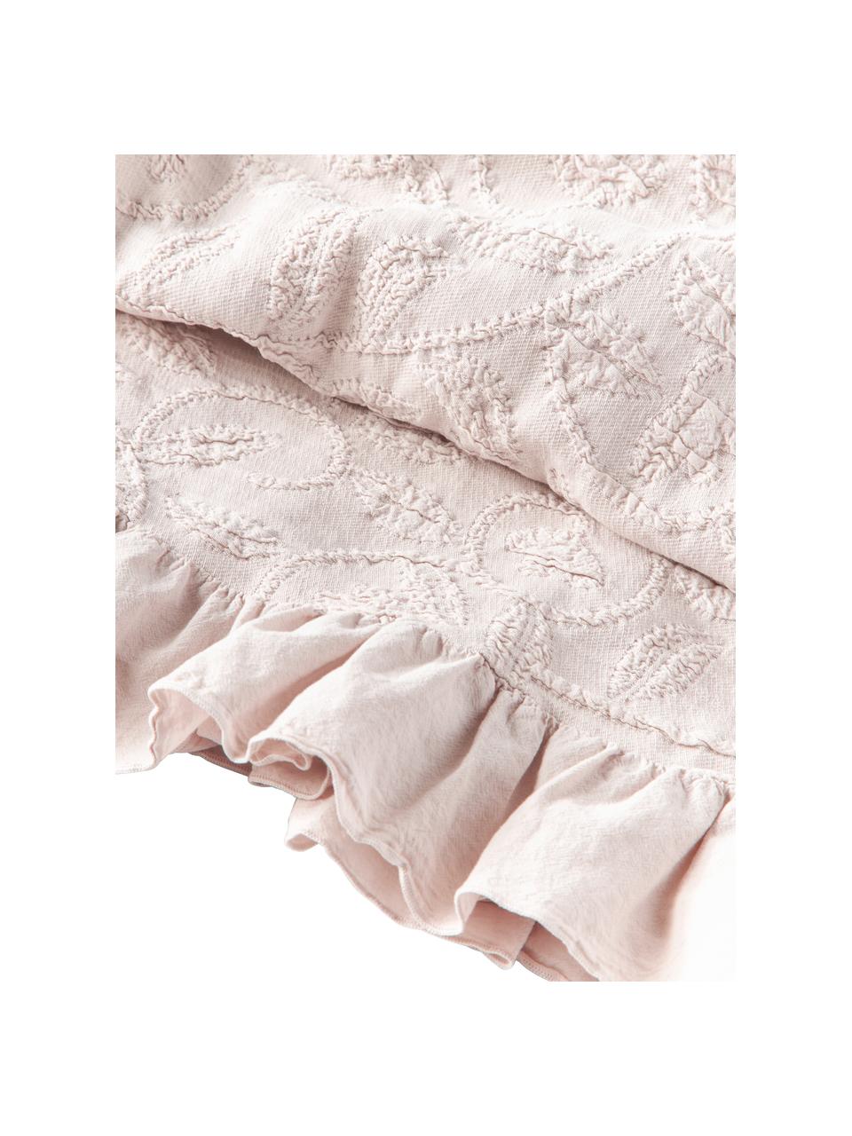 Manta de algodón estampado con volantes Clara, 99 % algodón, 1% elastano, Rosa palo, An 180 x L 250 cm