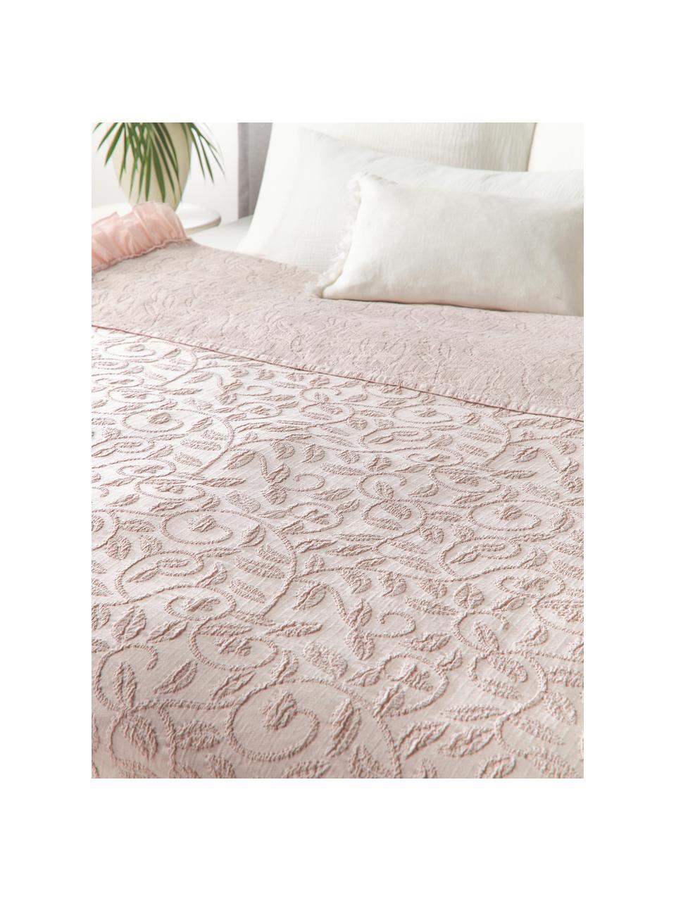 Plaid coton texturé à volants et motif floral Clara, 99 % coton, 1 % élasthanne, Vieux rose, larg. 180 x long. 250 cm