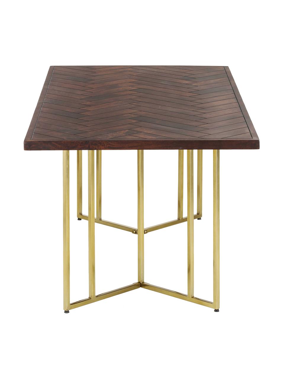 Eettafel Luca van mangohout met visgraatpatroon, verschillende formaten, Tafelblad: massief gelakt mangohout, Frame: gecoat metaal, Mangohout, goudkleurig, B 160 x D 90 cm