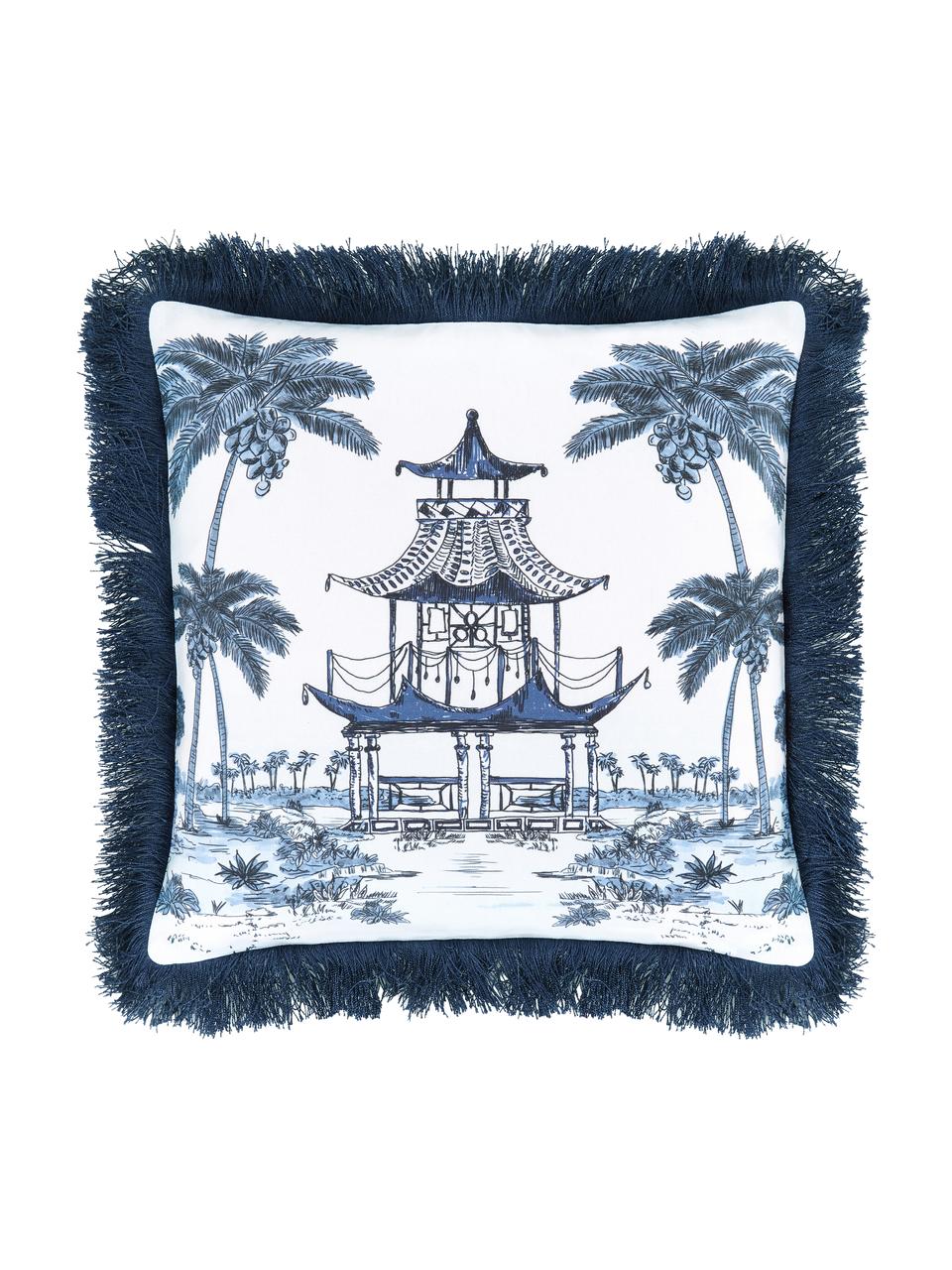Povlak na polštář s motivem a třásněmi Akira, 100 % bavlna, Modrá, Š 40 cm, D 40 cm