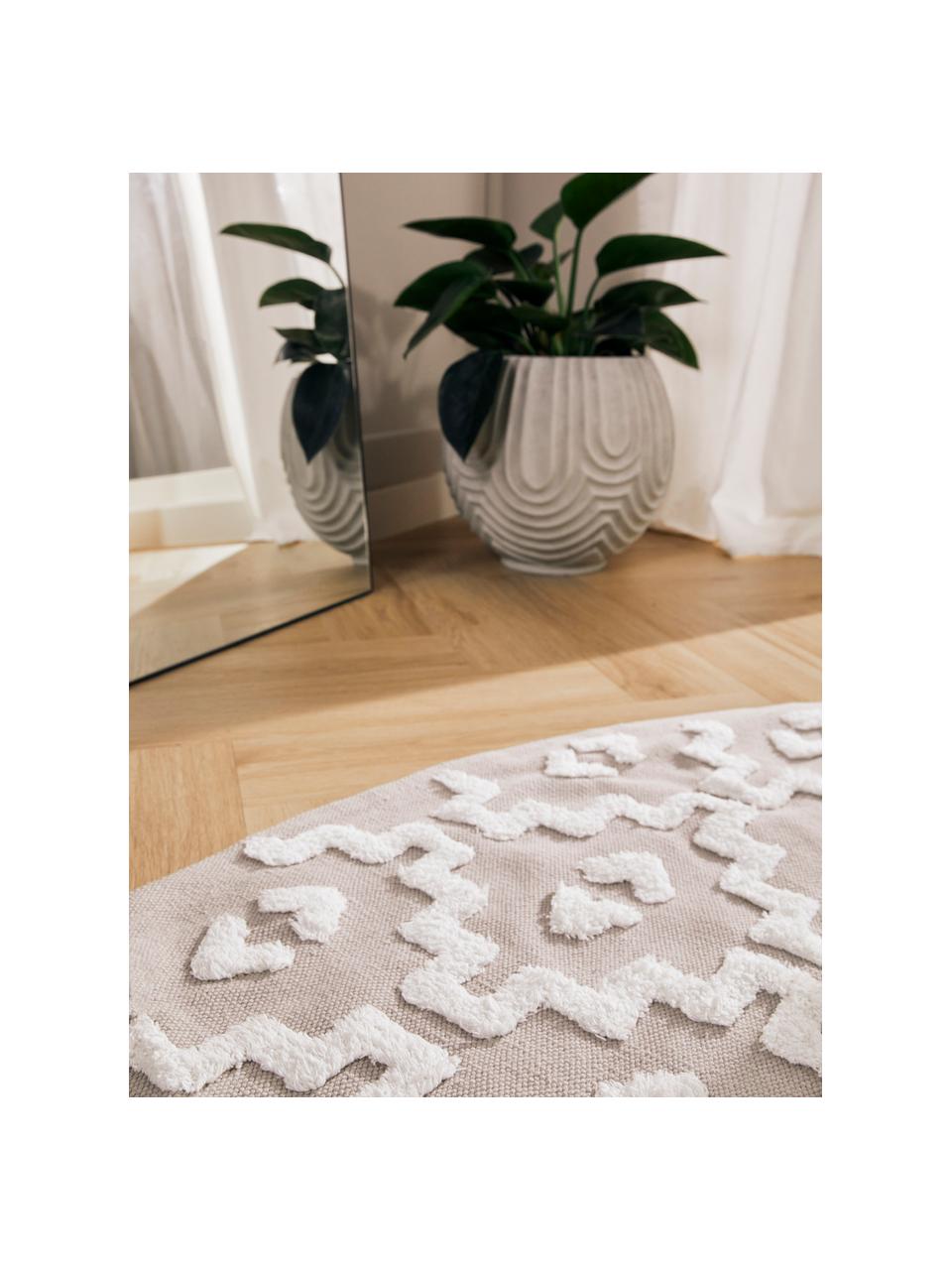 Tapis rond gris avec structure en relief tissé main Idris, 100 % coton, Gris, Ø 120 cm (taille S)