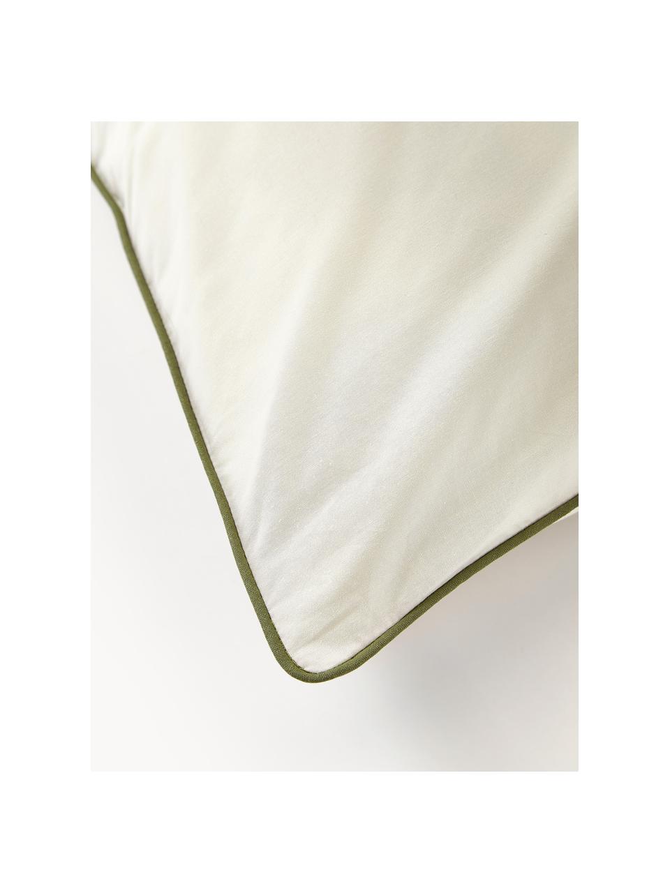 Funda de almohada de percal con ribete Daria, Blanco crema, verde oliva, An 45 x L 110 cm