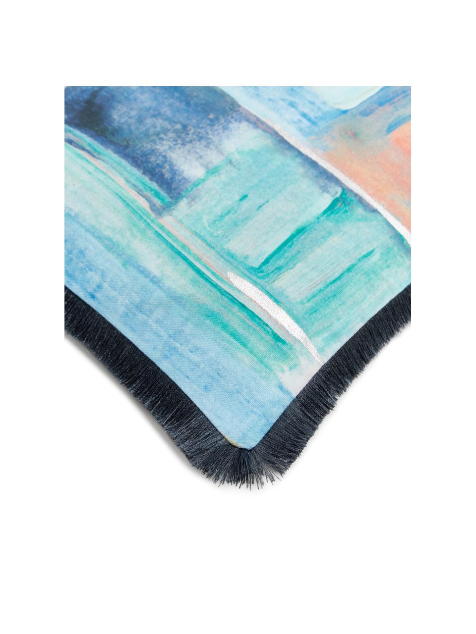 Kussenhoes Colori in aquarel look met franjes, Franjes: 100% polyester, Blauwtinten, B 50 x L 50 cm