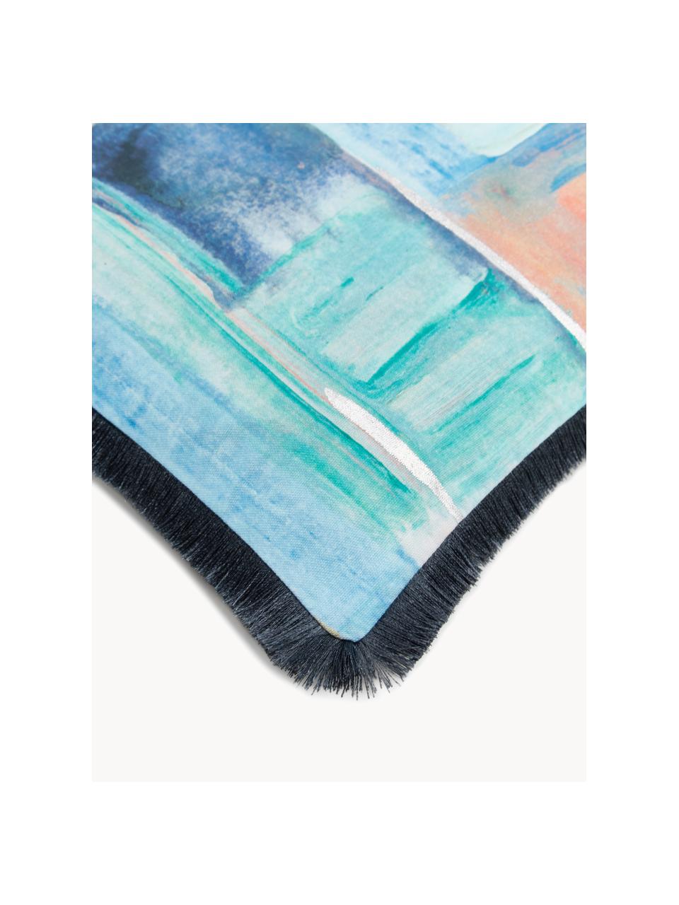 Funda de cojín con flecos Colori, Funda: 100% algodón, Tonos azules, An 50 x L 50 cm