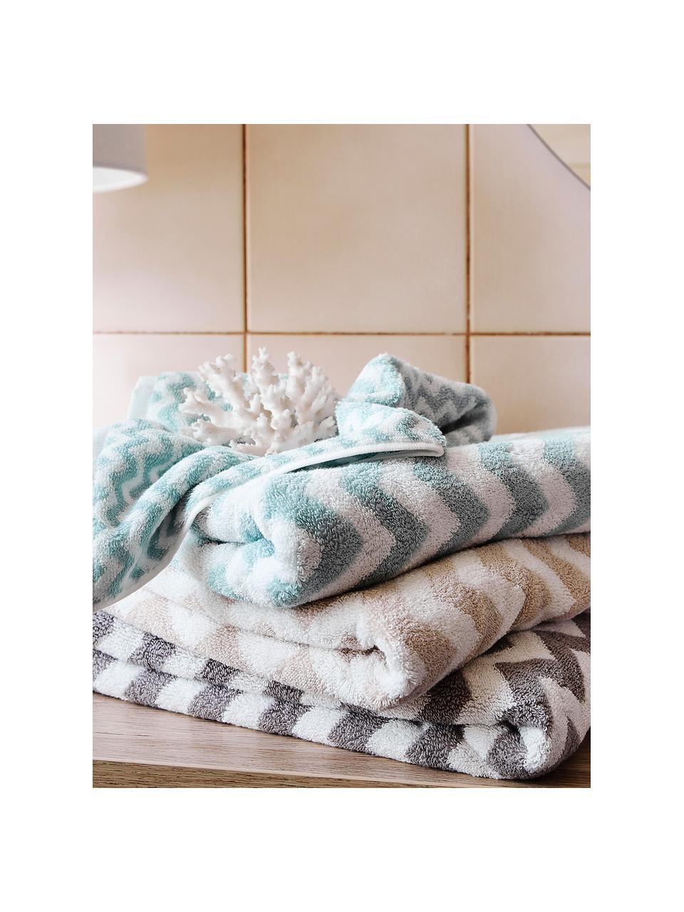 Lot de serviettes de bain imprimé zigzag Liv, 3 élém., 100 % coton
Grammage intermédiaire 550 g/m², Vert menthe, blanc crème, Lot de différentes tailles