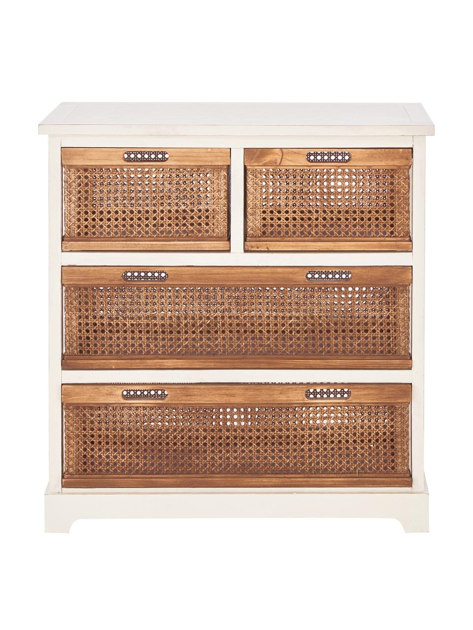 Schmale Rattan-Schubladenkommode Bantu, Korpus: Kiefernholz, cremeweiß la, Cremeweiß, Braun, 74 x 77 cm