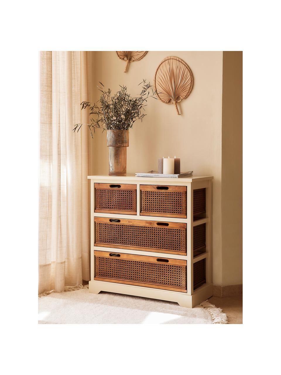 Cassettiera in legno e rattan Bantu, Bianco crema, marrone, Larg. 74 x Alt. 77 cm