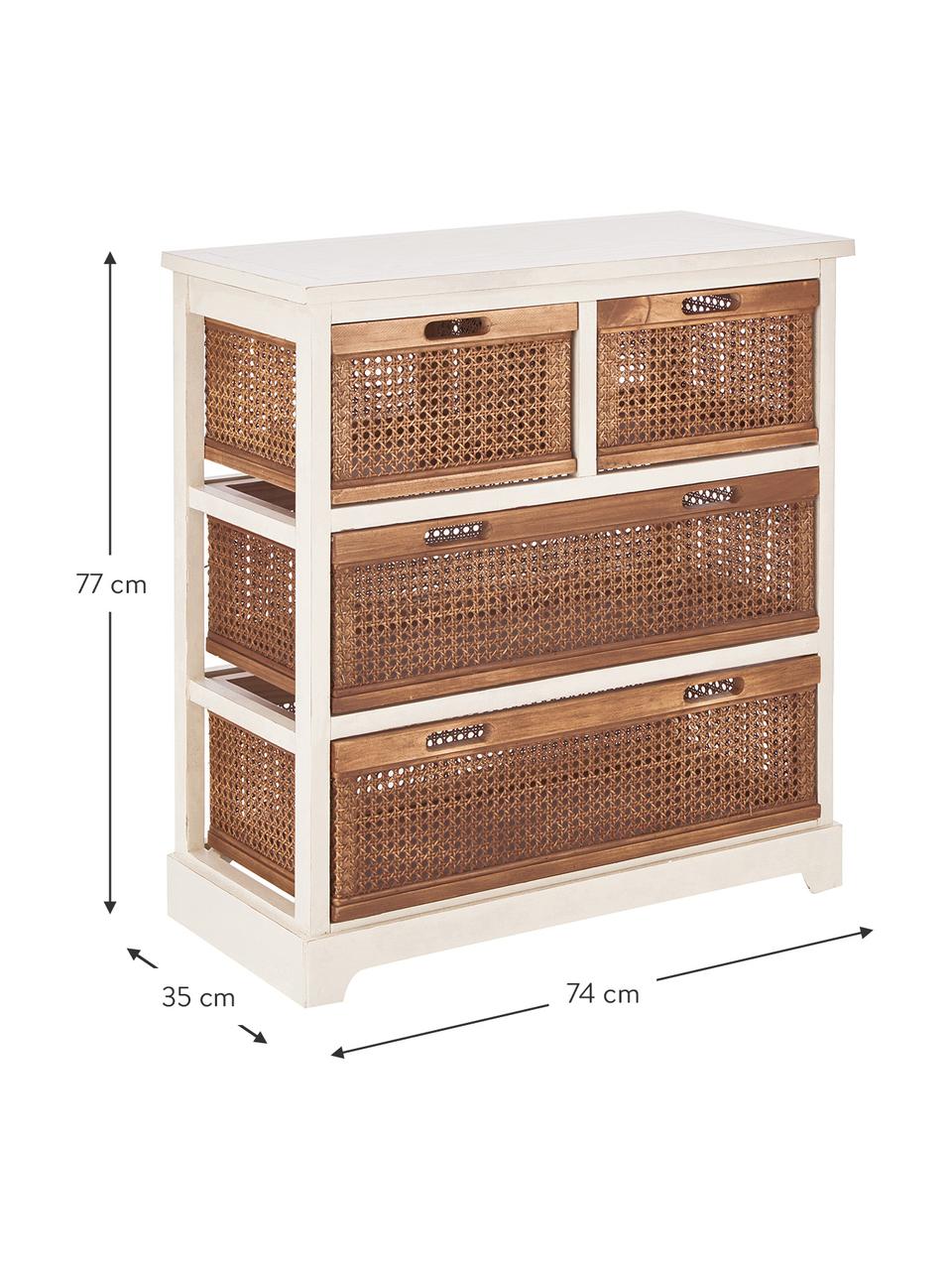 Cómoda cajonera de ratán Bantu, Estructura: madera de pino, pintado b, Blanco crema, marrón, An 74 x Al 77 cm