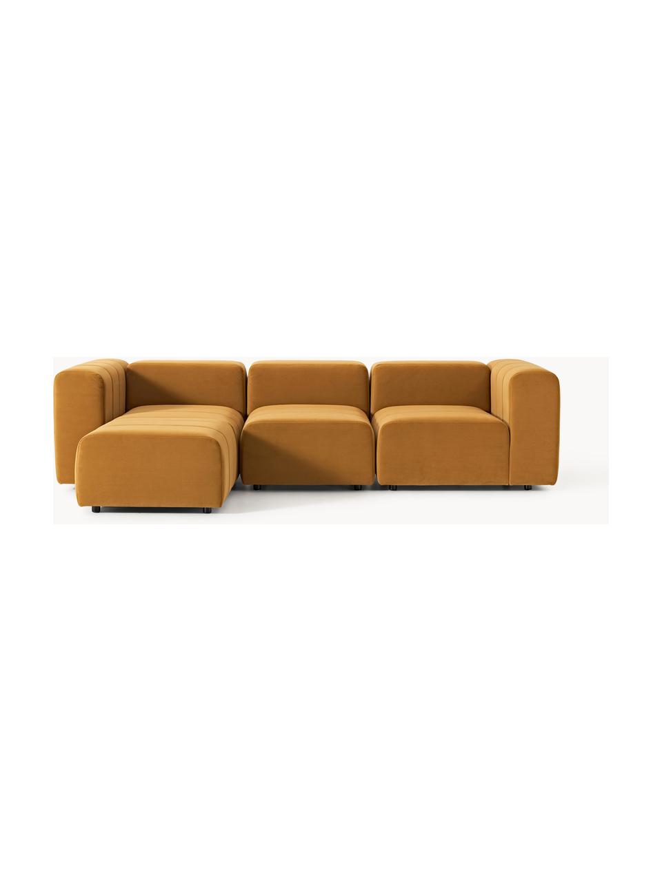 Canapé modulable 4 places en velours avec pouf Lena, Velours ocre, larg. 287 x prof. 181 cm