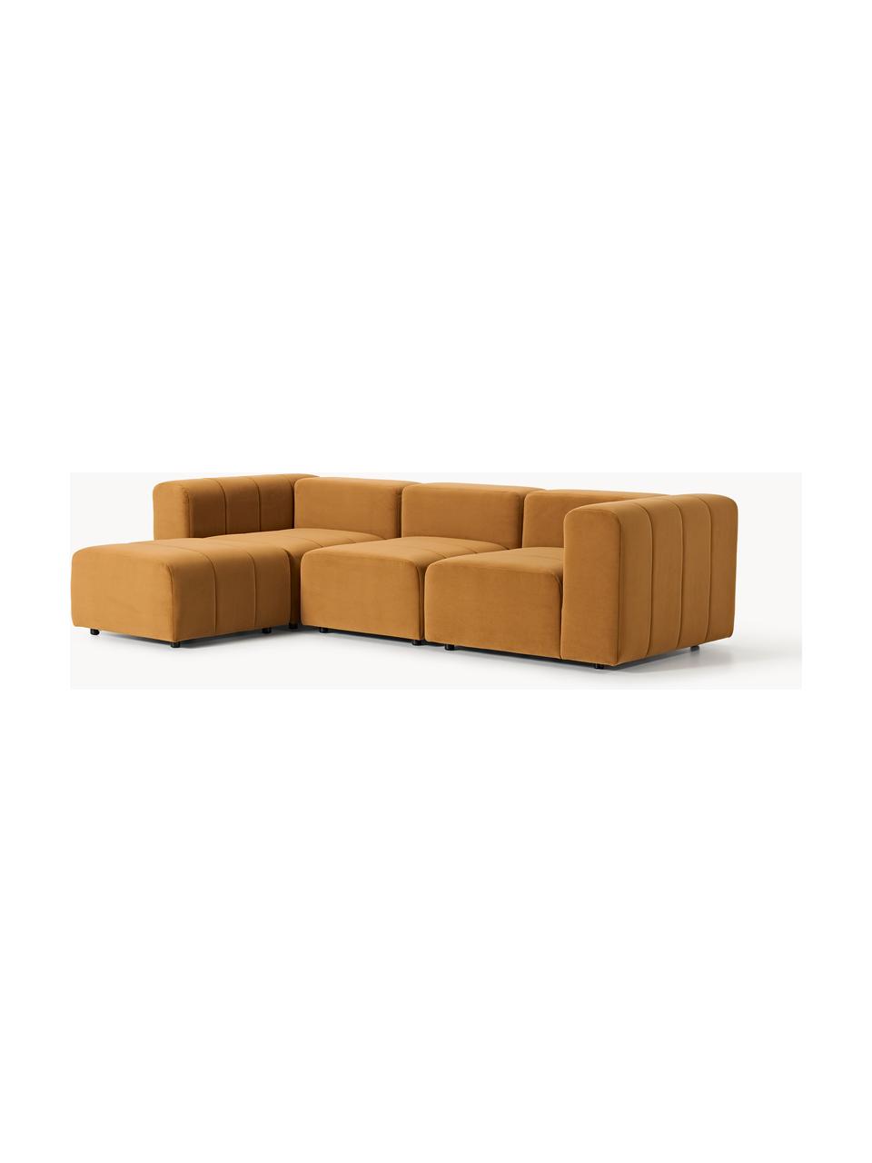 Canapé modulable 4 places en velours avec pouf Lena, Velours ocre, larg. 287 x prof. 181 cm