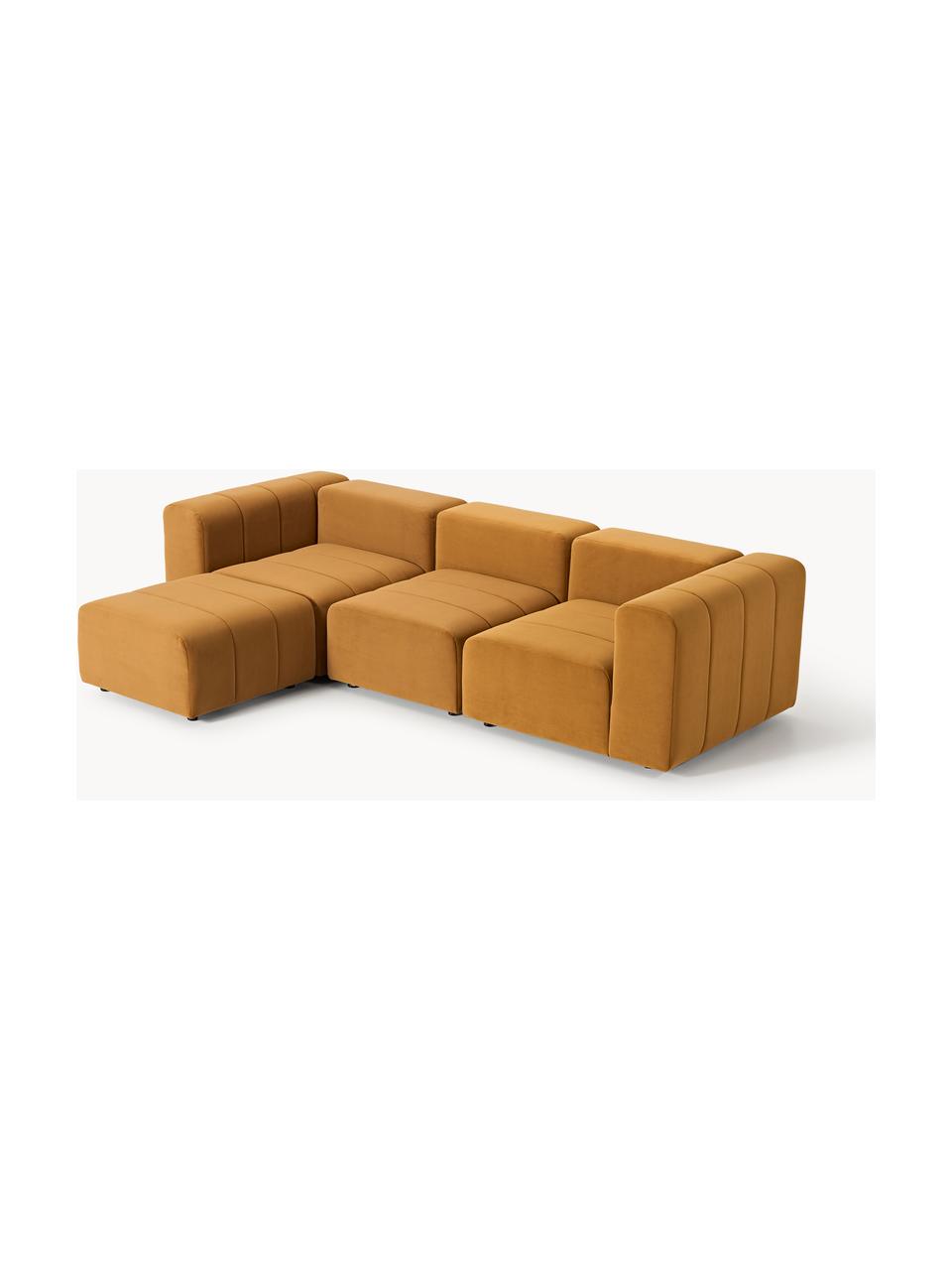 Canapé modulable 4 places en velours avec pouf Lena, Velours ocre, larg. 287 x prof. 181 cm