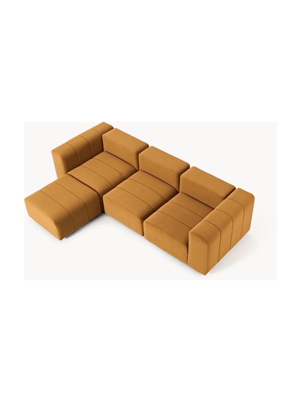 Canapé modulable 4 places en velours avec pouf Lena, Velours ocre, larg. 287 x prof. 181 cm