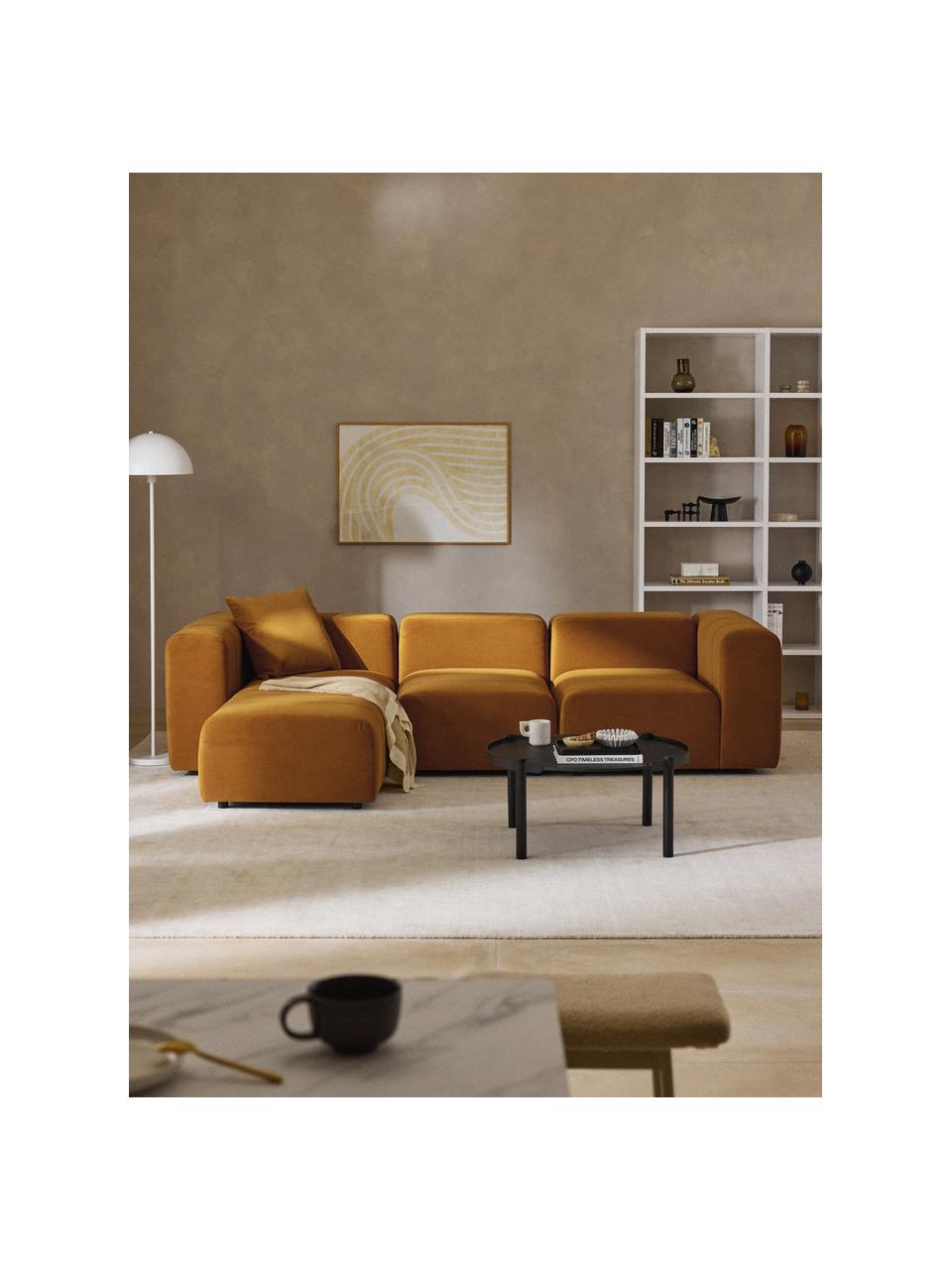 Modulares Samt-Sofa Lena (4-Sitzer) mit Hocker (links/rechts), Bezug: Samt (100 % Polyester) De, Gestell: Buchenholz, Spanplatte, H, Samt Ocker, B 287 x T 181 cm