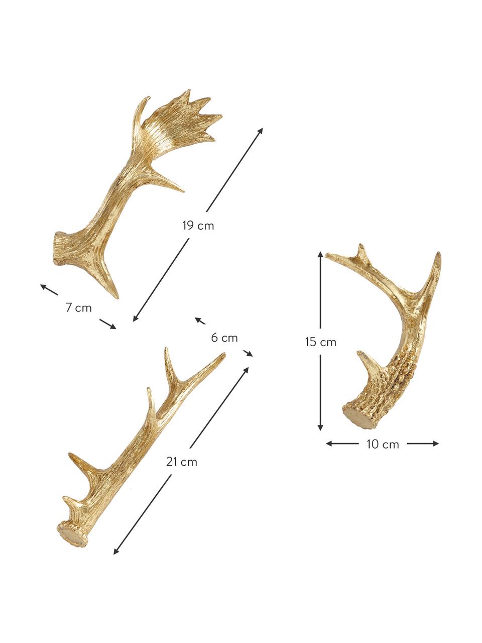 Bois de cerfs décoratifs dorés Geweih, 3 élém., Résine synthétique, Couleur dorée, Lot de différentes tailles