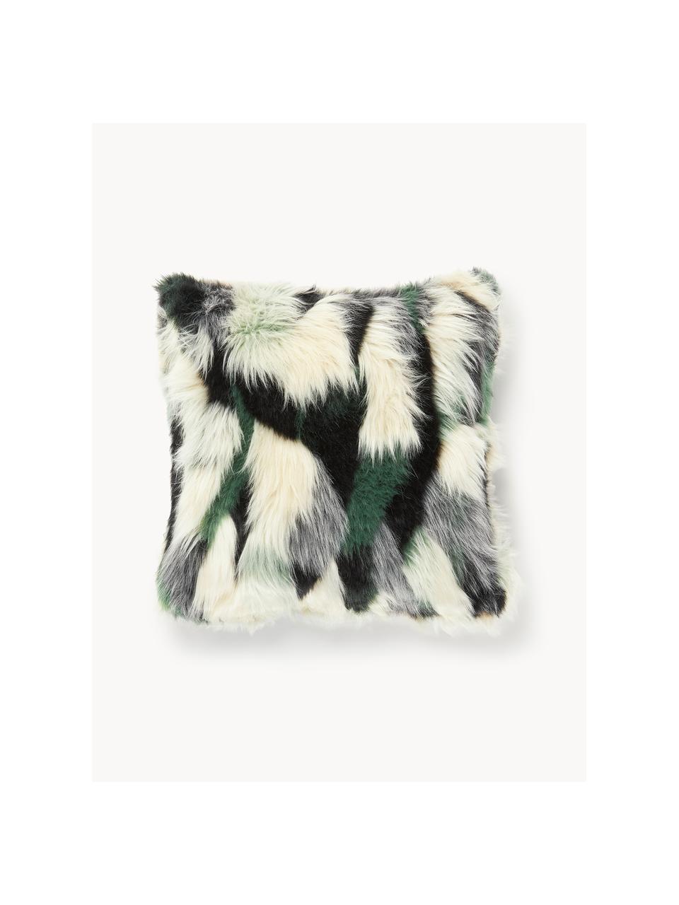 Housse de coussin 45x45 en fourrure synthétique Nella, 80 % polyacrylique, 20 % polyester, certifié GRS, Vert, noir, blanc cassé, larg. 45 x long. 45 cm