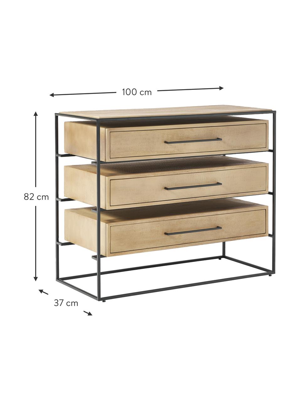 Schubladenkommode Lyle, Tischplatte: Massives Mangoholz, Helles Mangoholz, Schwarz, B 100 x H 82 cm