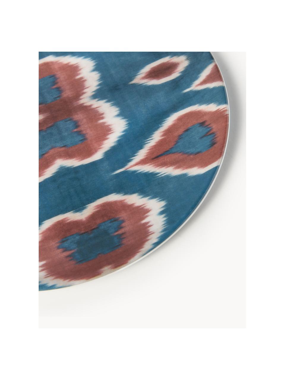 Handgefertigter Porzellan-Frühstücksteller Ikat, Porzellan, Blau, Rostrot, Weiss, Ø 21 cm