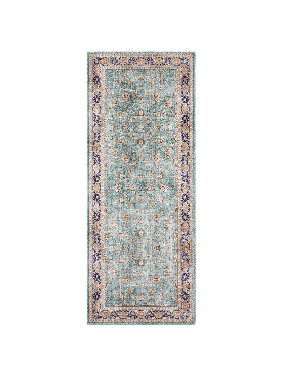 Loper Keshan Mashad, 100% polyester, Turquoise, meerkleurig, B 80 x L 200 cm