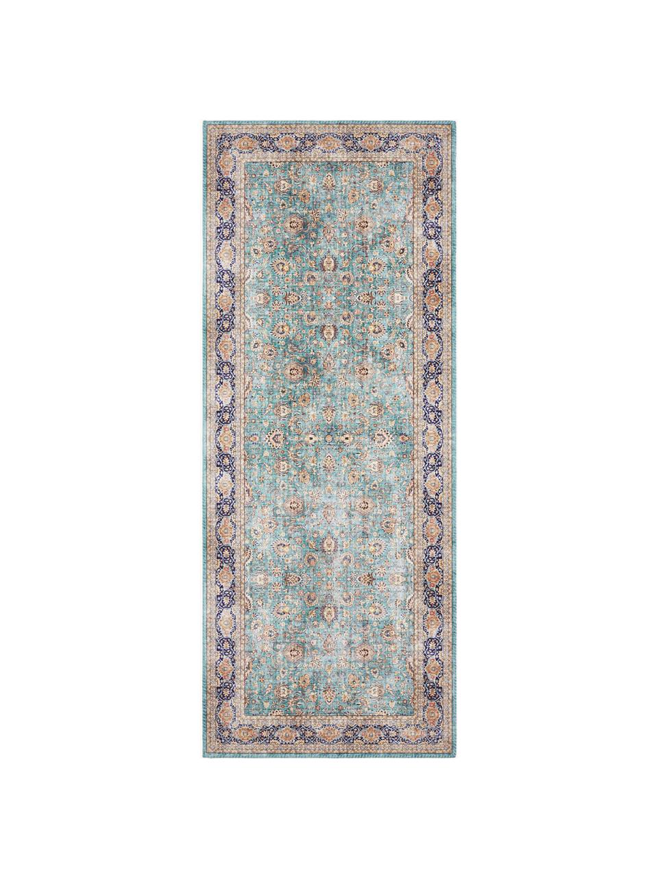 Tappeto Keshan Mashad, 100% poliestere, Turchese, multicolore, Larg. 80 x Lung. 200 cm