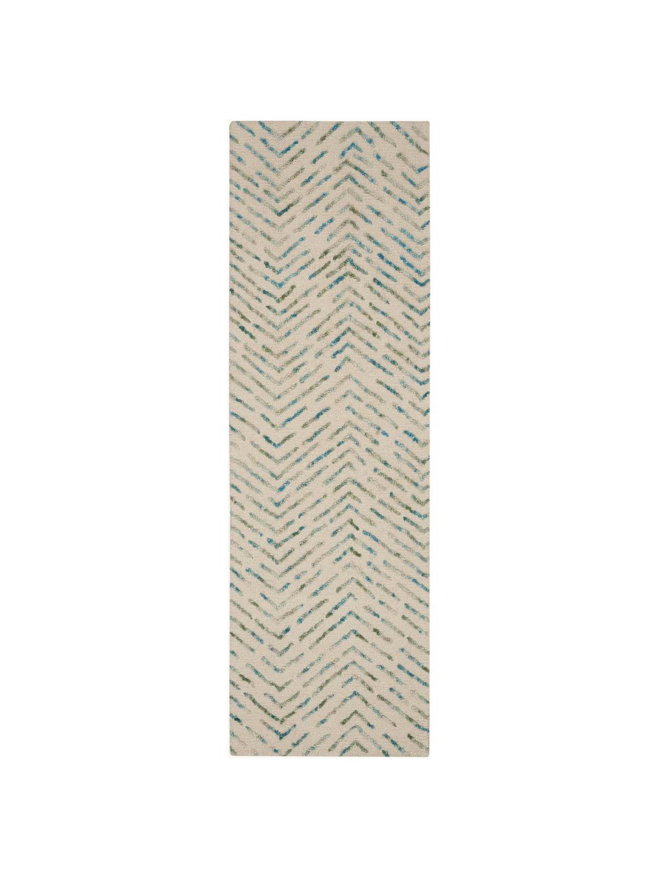 Ręcznie tkany chodnik z wełny z wypukłą strukturą Colorado, 100% wełna

Włókna dywanów wełnianych mogą nieznacznie rozluźniać się w pierwszych tygodniach użytkowania, co ustępuje po pewnym czasie, Kremowobiały, odcienie zielonego, odcienie niebieskiego, S 70 x D 230 cm