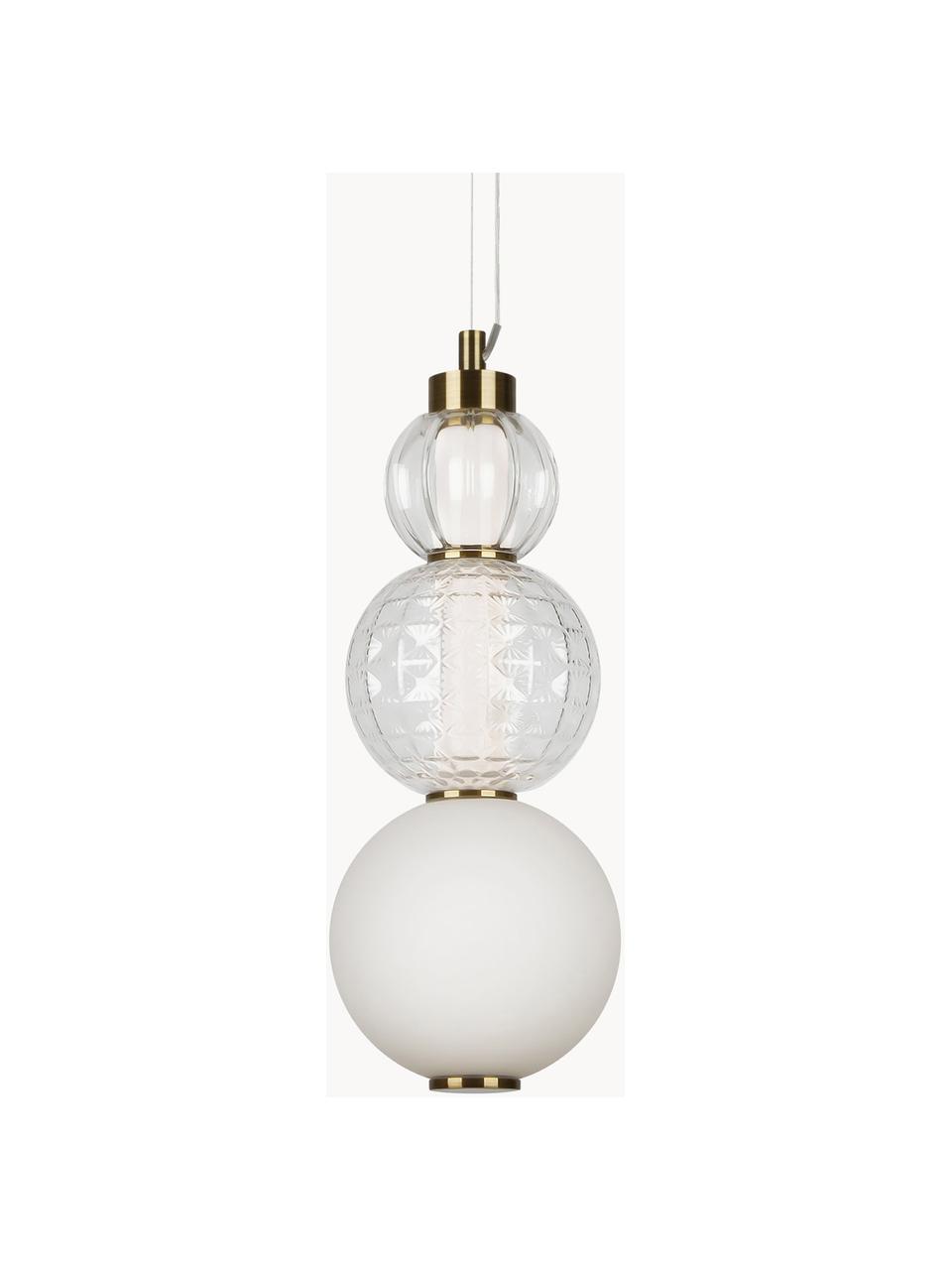 Mondgeblazen kleine LED hanglamp Collar, Wit, transparant, goudkleurig, Ø 15 x H 48 cm