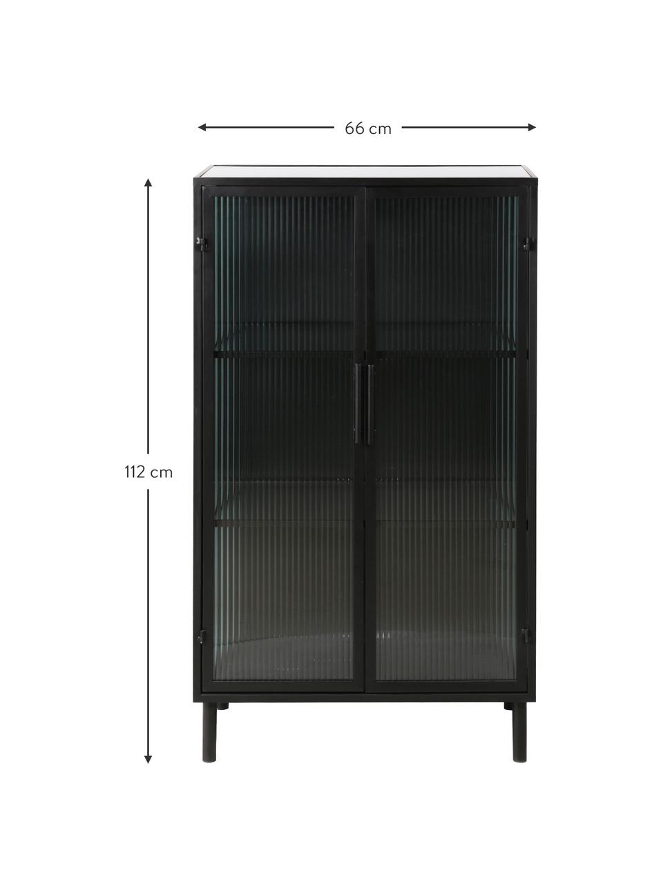 Vitrinekast Markus met gegroefd glas en metalen frame, zwart, Frame: gecoat metaal, Zwart, transparant, 66 x 112 cm