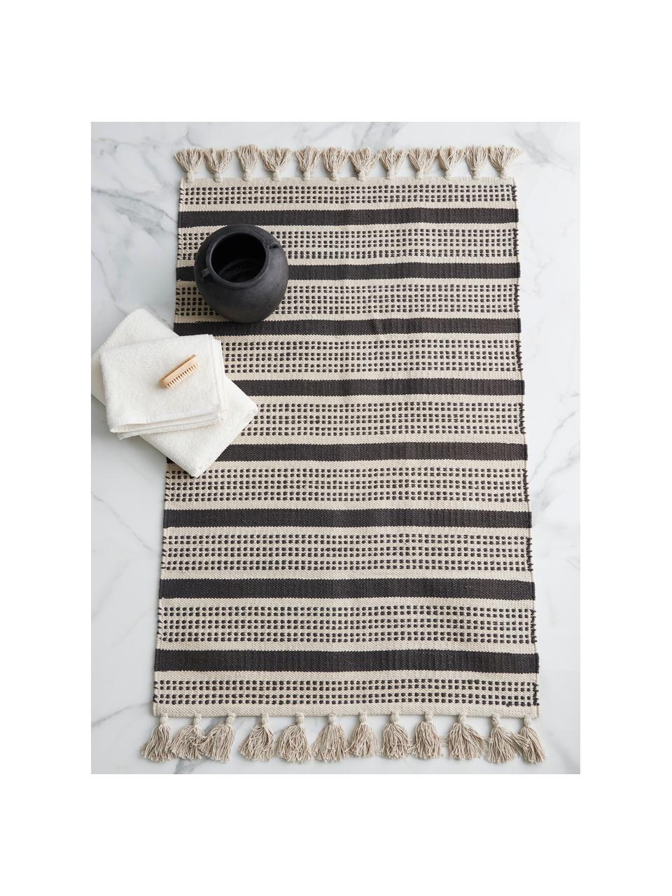 Alfombrilla de baño de algodón con borlas Gerda, 100% algodón, Gris, negro, An 80 x L 120 cm