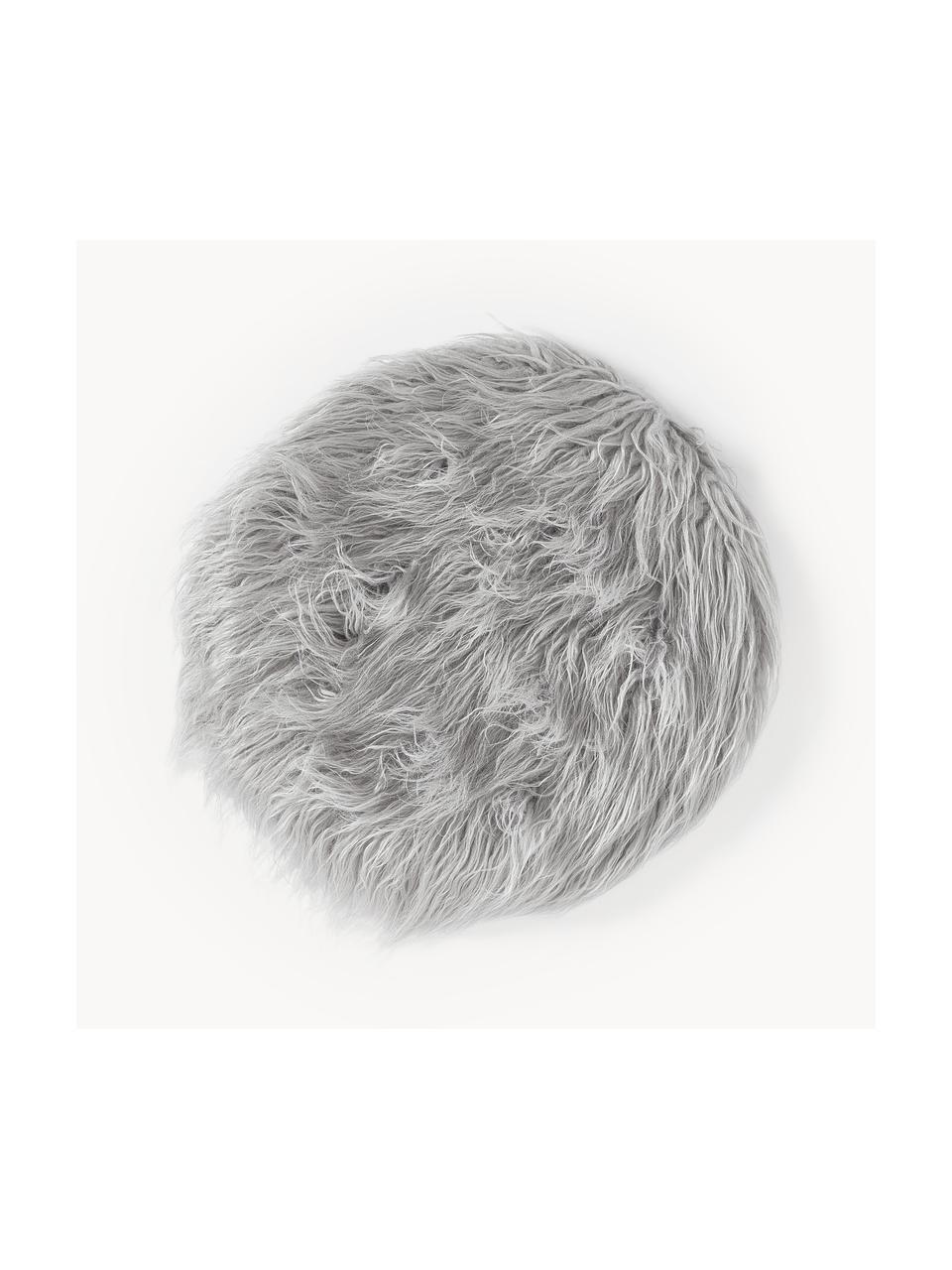 Okrúhlá poduška z umelej kožušiny Morten, huňatá, Svetlosivá, Ø 37 cm