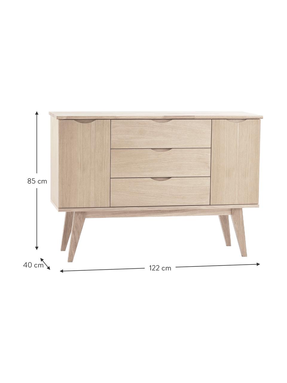 Credenza in legno di quercia Filippa, Credenza: pannelli di fibra a media, Gambe: legno di quercia, massicc, Corpo, frontale e gambe: legno di quercia, sbiancato, Larg. 122 x Alt. 85 cm