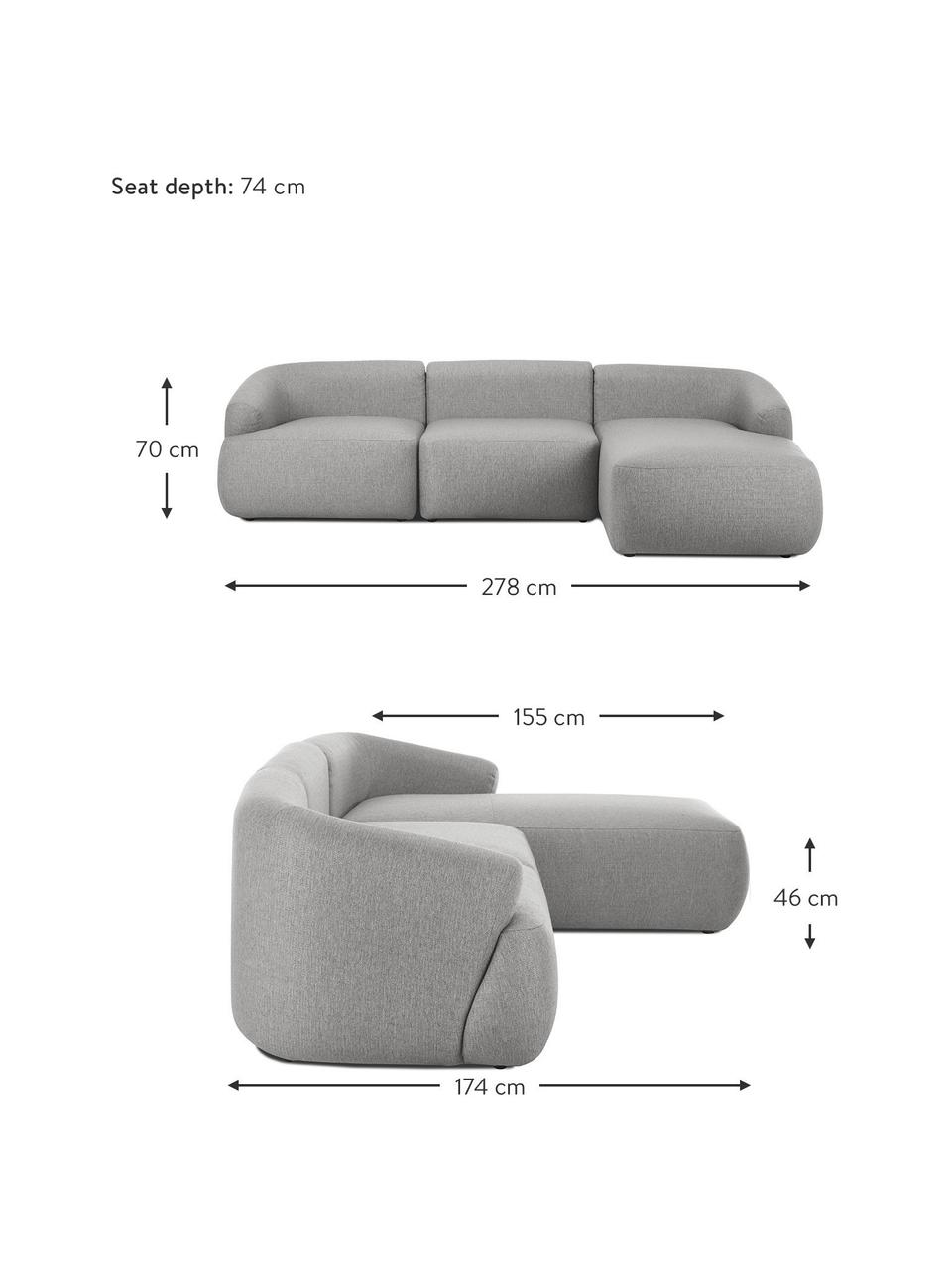 Canapé d'angle modulable Sofia, Tissu gris, larg. 278 x prof. 174 cm, module d'angle droit