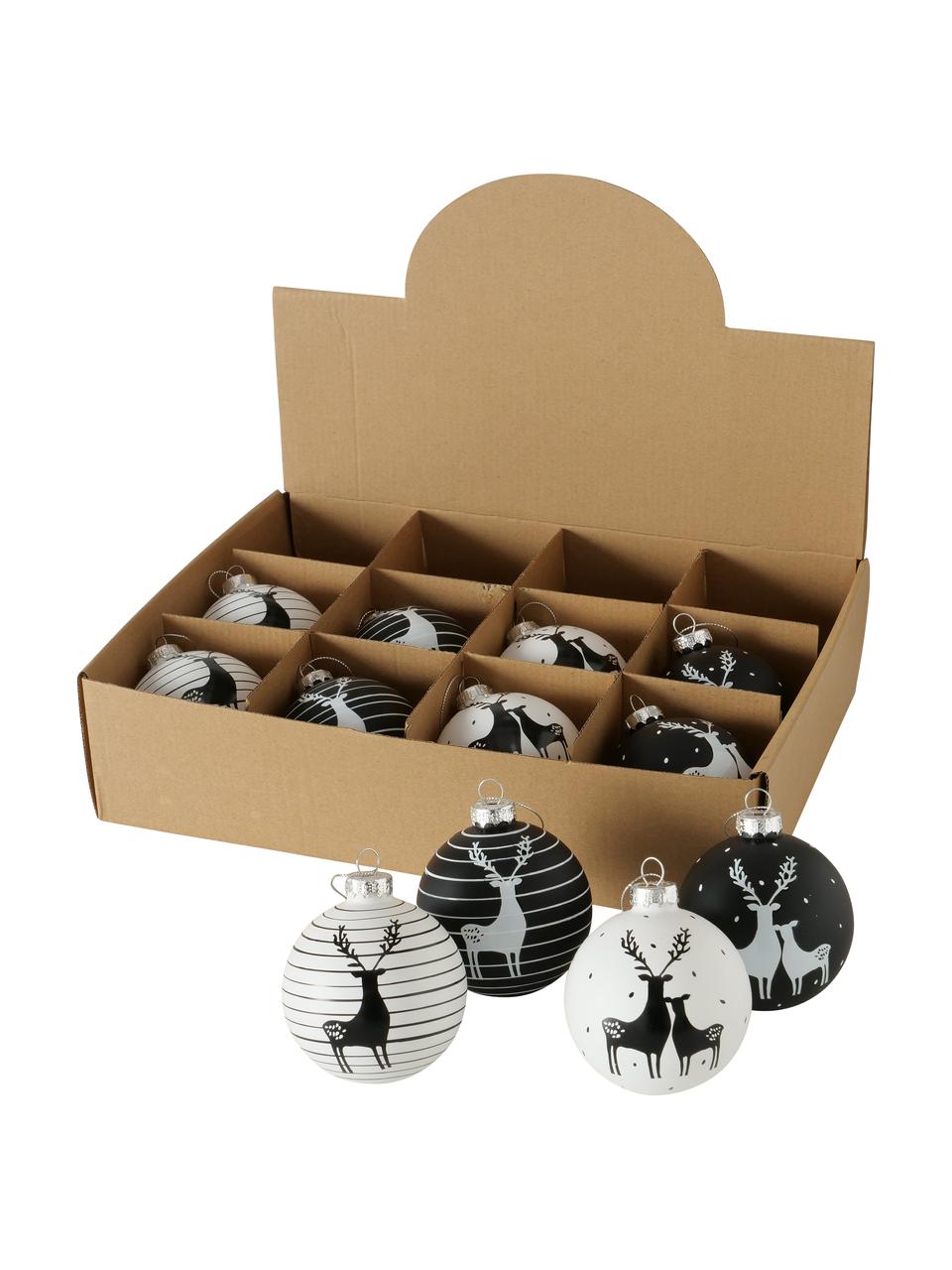 Bolas de Navidad Blacky, 4 uds., Negro, blanco, Ø 8 cm