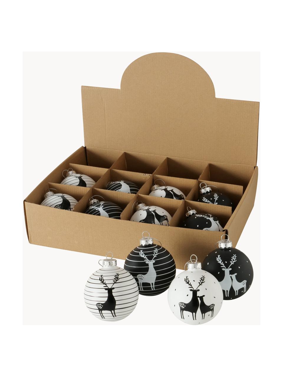 Kerstballen Blacky, set van 4, Zwart, wit, Ø 8 cm
