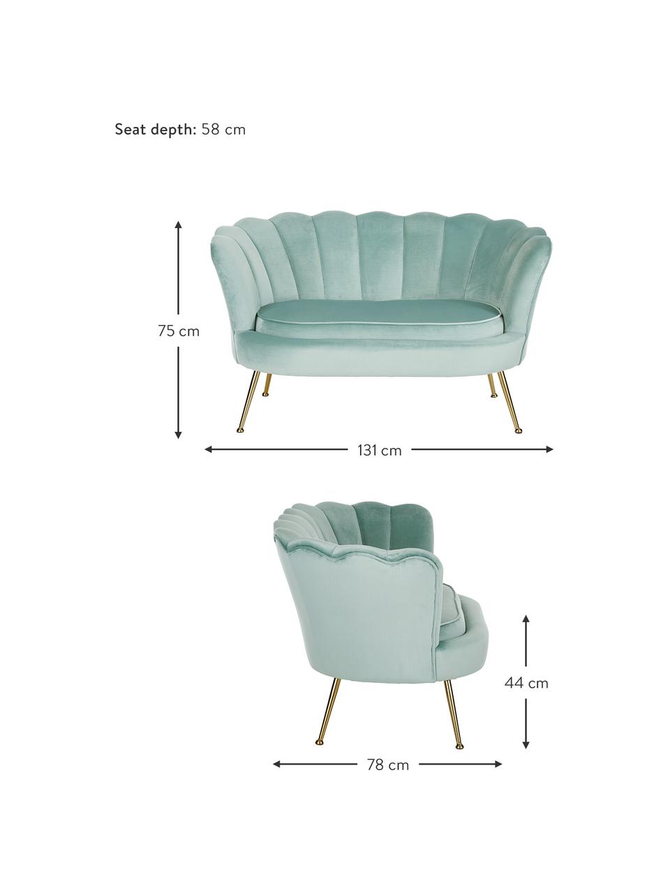 Divano 2 posti in velluto con piedini in metallo Oyster, Rivestimento: velluto (poliestere) 20.0, Struttura: multistrato di eucalipto, Piedini: metallo zincato, Velluto turchese, Larg. 131 x Prof. 78 cm
