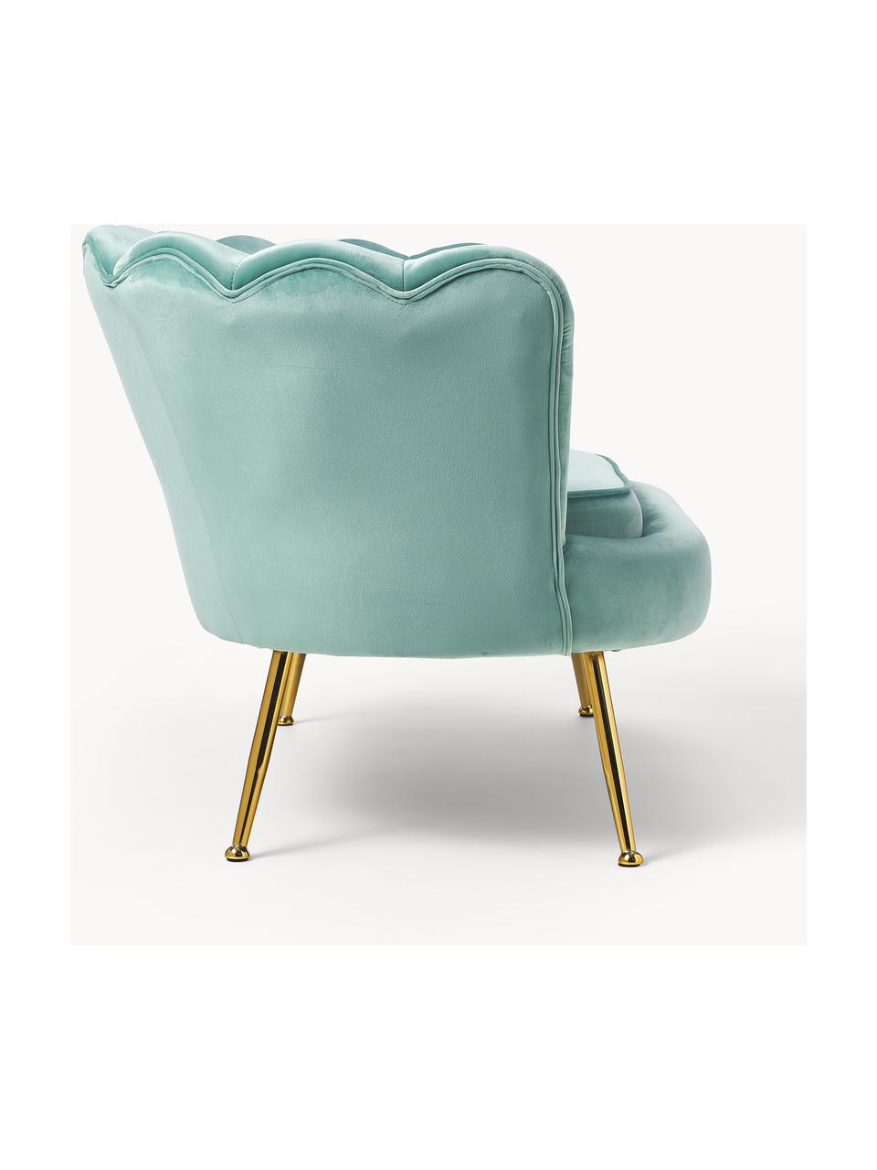 Fluwelen bank Oyster (2-zits) met metalen poten, Bekleding: fluweel (polyester), Frame: eucalyptus multiplex, Poten: gegalvaniseerd metaal, Fluweel turquoise, B 131 x D 78 cm