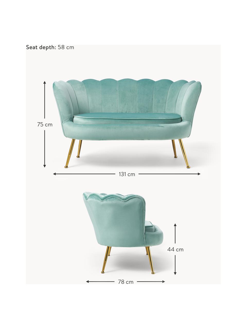 Sofá de terciopelo Oyster (2 plazas), Tapizado: terciopelo (poliéster) Al, Estructura: madera de eucalipto contr, Patas: metal galvanizado, Terciopelo turquesa, An 131 x F 78 cm