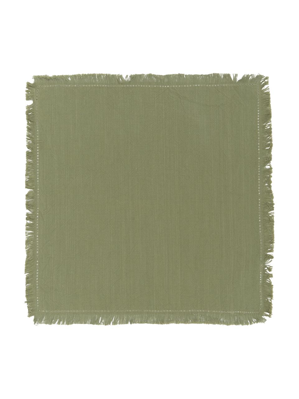 Baumwoll-Servietten Hilma mit Fransen, 2 Stück, Baumwolle, Olivgrün, 45 x 45 cm