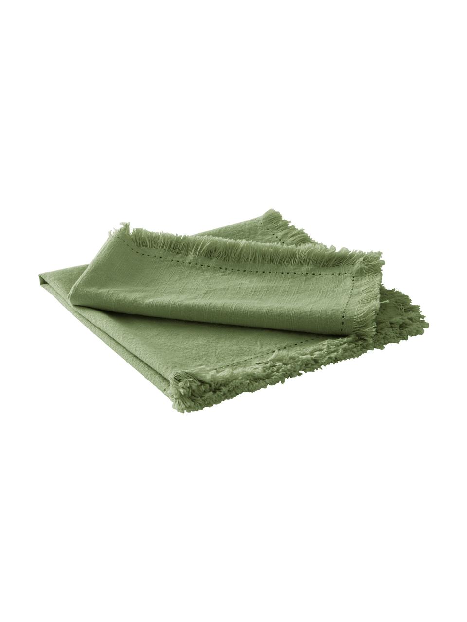 Serviettes de table en coton avec franges Hilma, 2 pièces, Vert olive