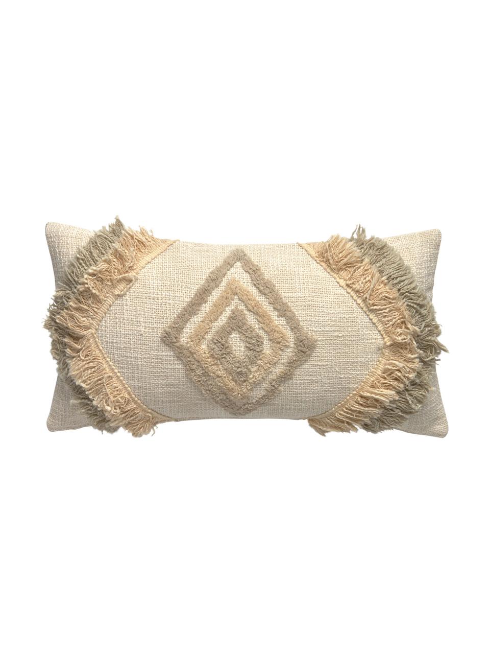 Boho kussenhoes Joana met decoratieve franjes, 100% katoen, Beige, taupe, saliegroen, 30 x 60 cm