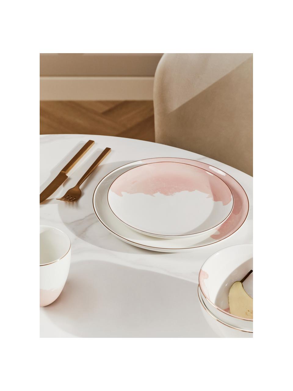 Porcelánový dezertní talíř s abstraktním vzorem a se zlatým okrajem Rosie, 2 ks, Porcelán, Bílá, růžová, Ø 21 cm, V 2 cm