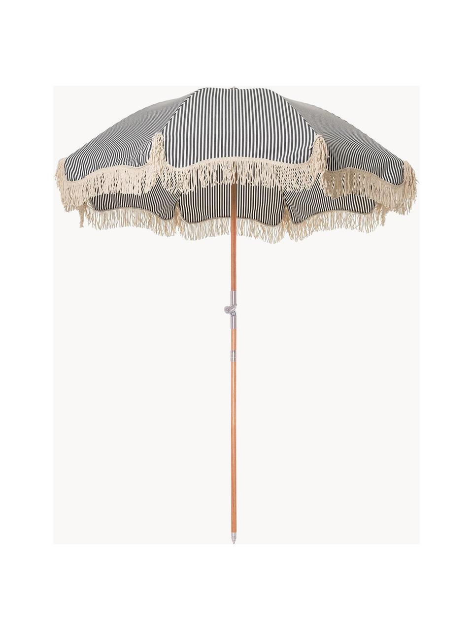 Parasol ogrodowy z frędzlami Retro, Ø 180 cm, Stelaż: drewno naturalne, laminow, Ciemny niebieski, kremowobiały, Ø 180 x W 230 cm